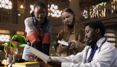 Top Nursing Scholarships 2026 — international nursing students reviewing study materials with mentor in university library while preparing scholarship applications