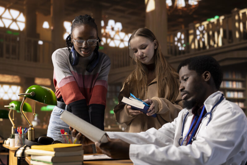 Top Nursing Scholarships 2026 — international nursing students reviewing study materials with mentor in university library while preparing scholarship applications