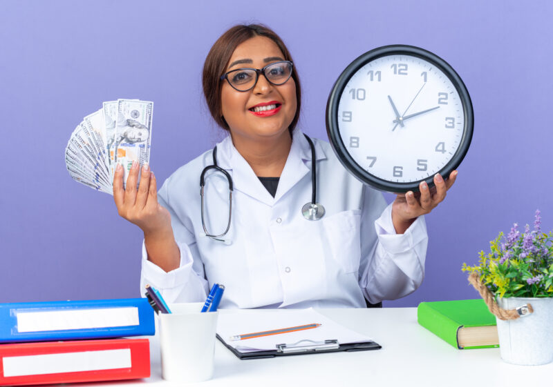 High-paying health careers concept showing a healthcare professional holding cash and a clock, symbolizing fast-entry medical jobs with strong salary potential in 2026
