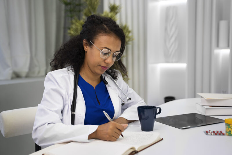 Healthcare professional writing patient notes at a desk, illustrating health careers without a degree, and medical administrative roles.